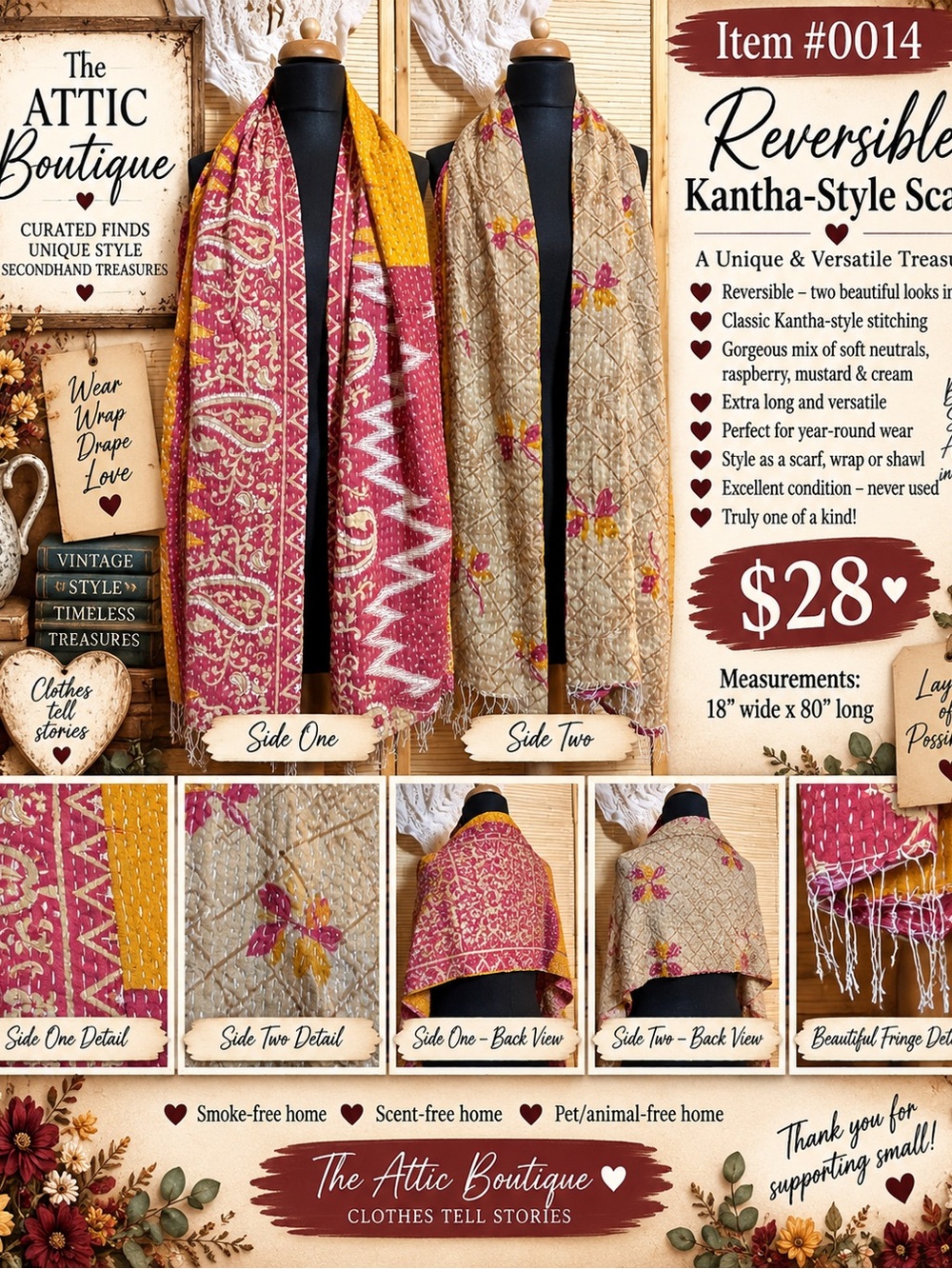 Reversible Kantha-Style Skirt Wrap in Raspberry, Mustard & Cream